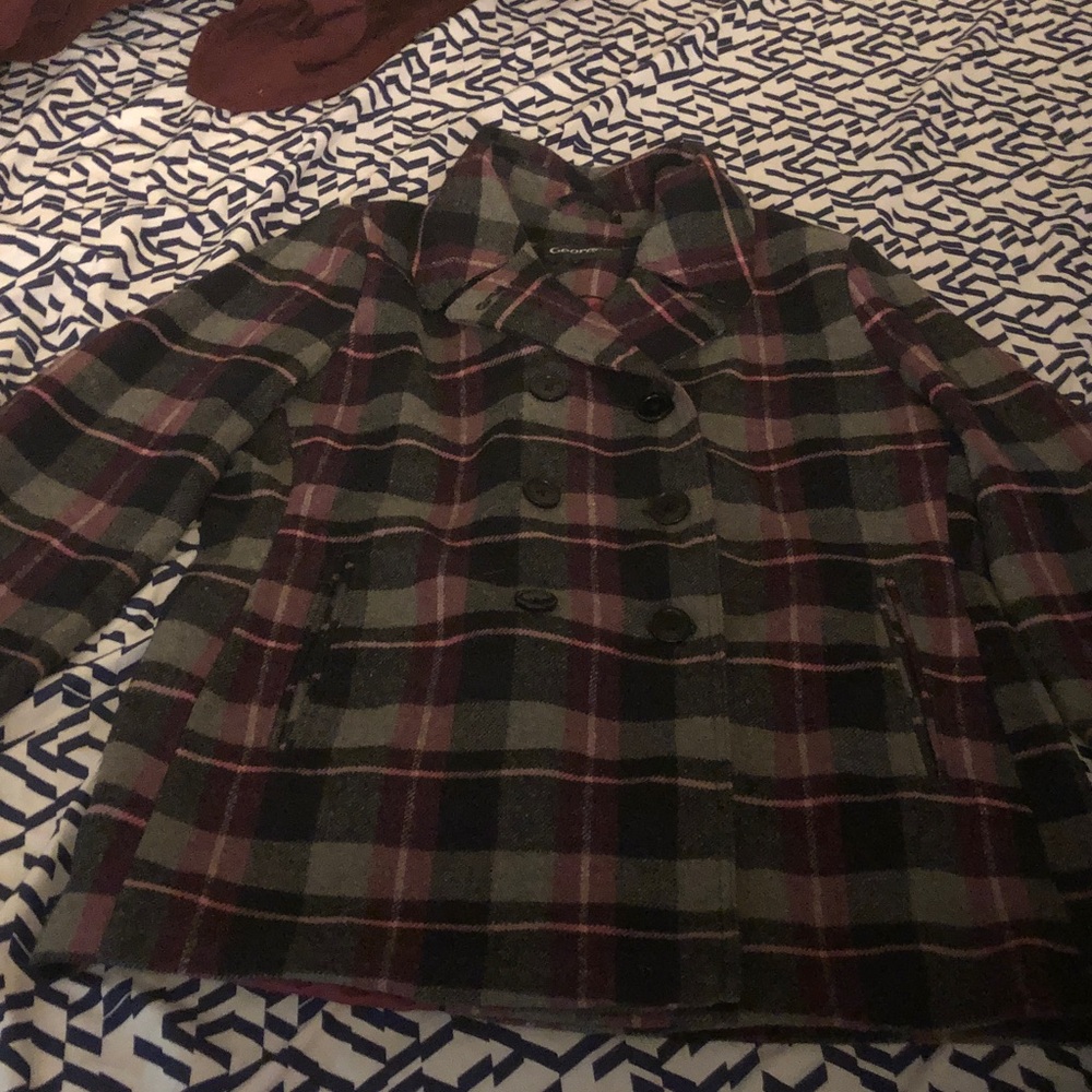 George Women's Plaid Pea Coat - Black, Gray, and Purple
